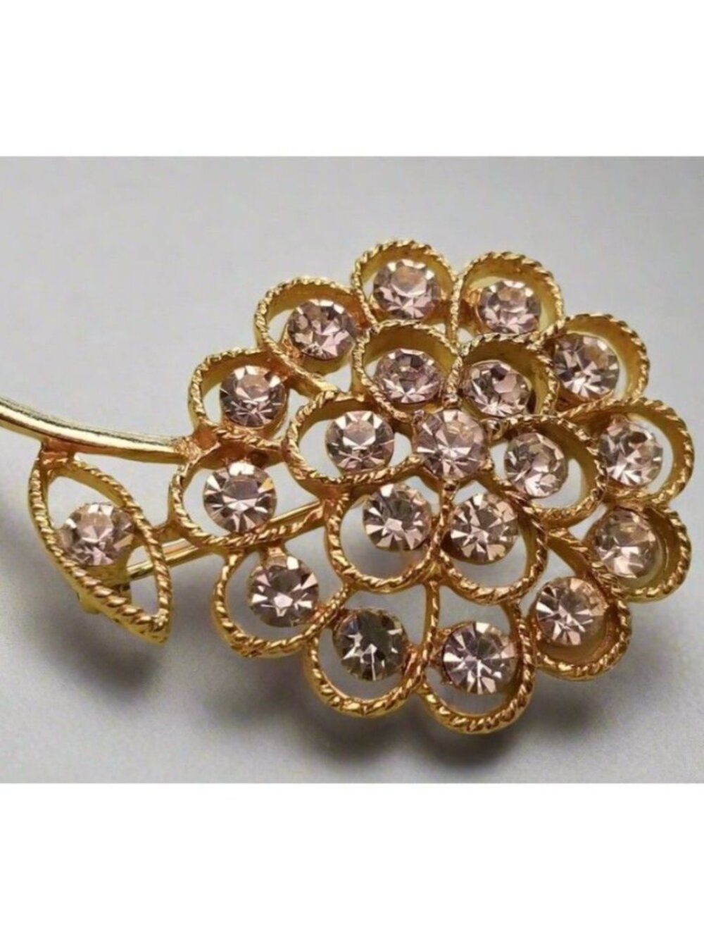 Vintage Gold Tone Rhinestone Flower Brooch – Pink Crystal Floral Pin